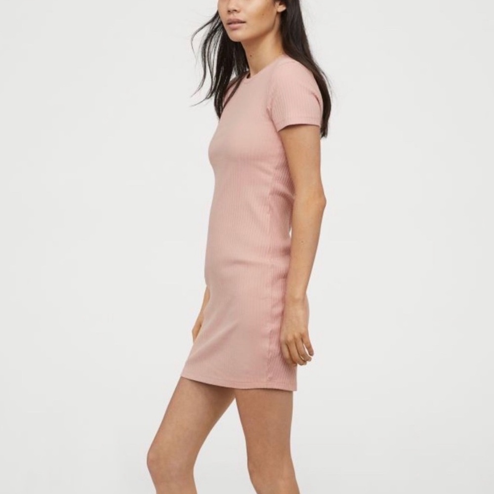 H&M Fitted Dress Light Pink/Nude Ribbed Short Bodycon - Small